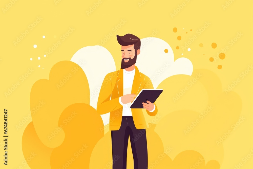 Aufkleber A man with a beard is holding a tablet. This versatile image can be used in various digital and technology-related projects.