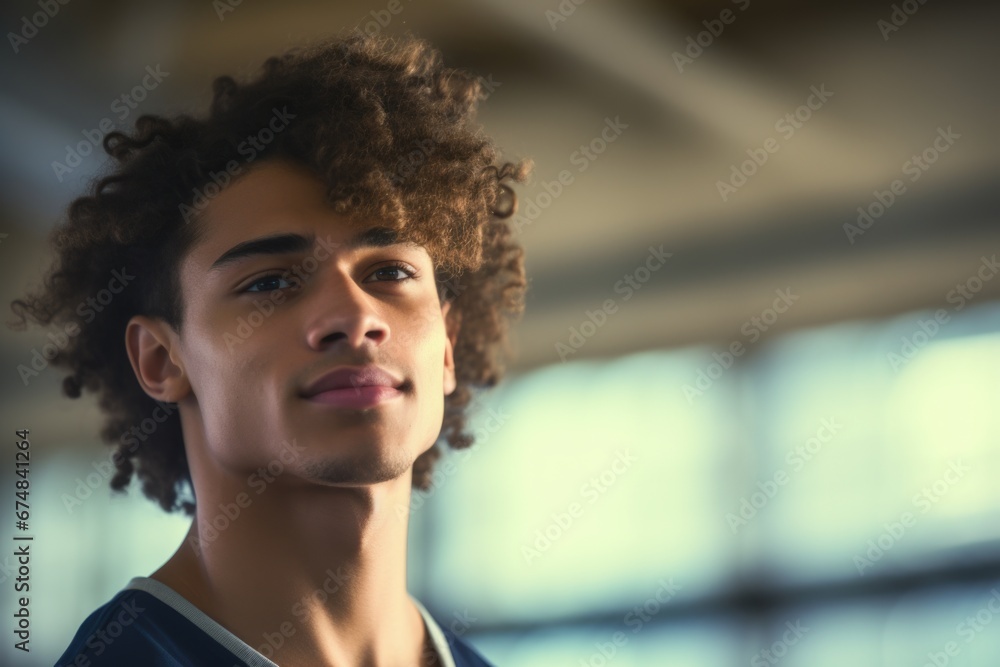 Poster a young man with curly hair looks directly at the camera. this versatile image can be used in variou