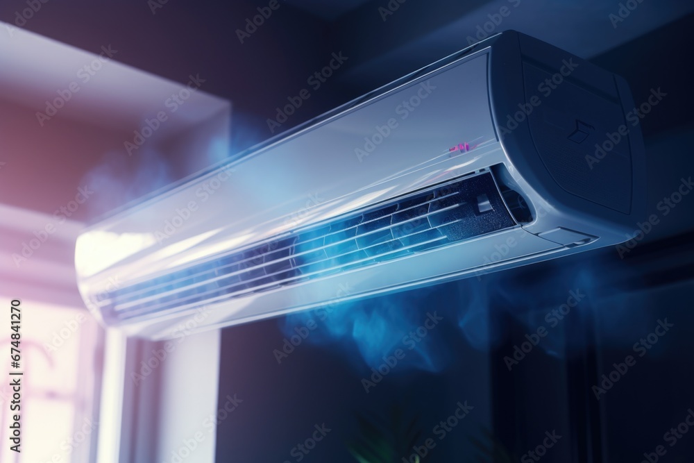 Poster an image of an air conditioner with smoke coming out of it. this picture can be used to depict malfu