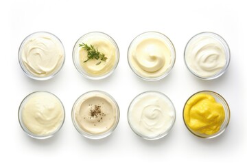 A collection of various sauces presented in small bowls. Ideal for adding flavor and enhancing dishes. Perfect for food blogs, recipe websites, and restaurant menus.