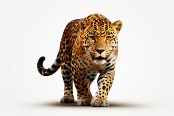 A majestic large leopard walking gracefully across a white surface. This image can be used to depict wildlife, animal behavior, or the beauty of nature