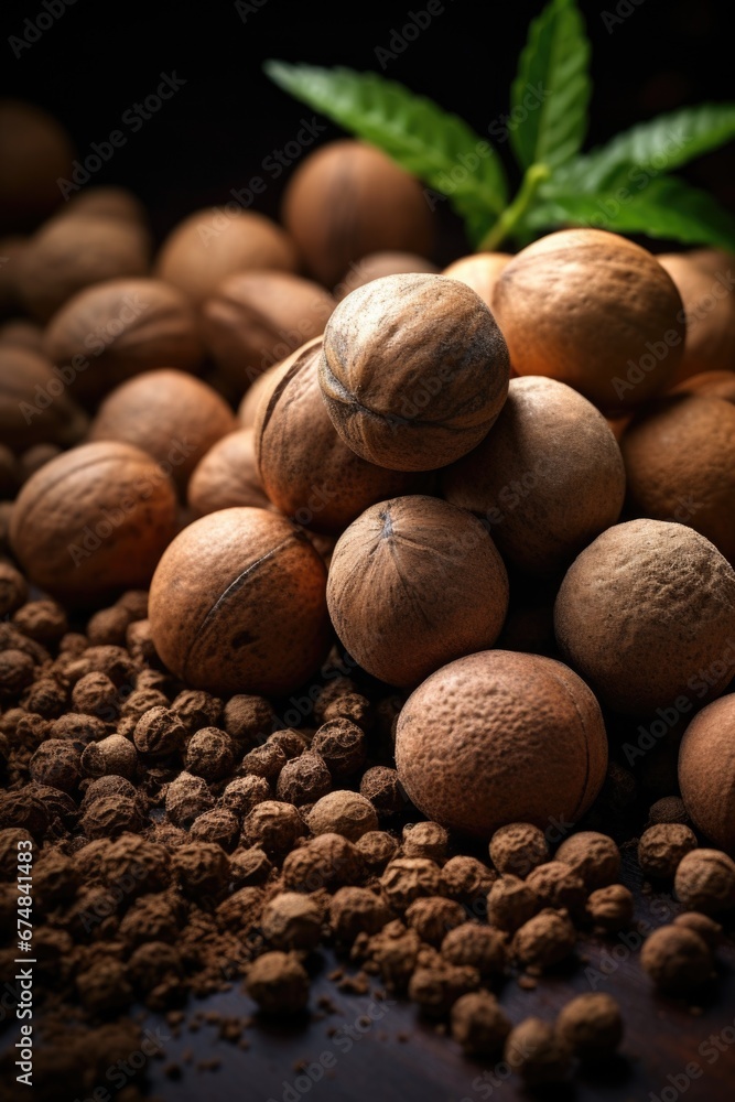 Poster a pile of various nuts with a fresh green leaf on top. this image can be used to depict healthy snac
