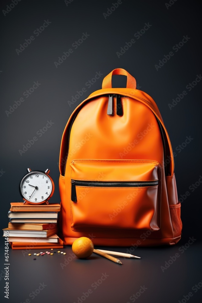 Poster an orange backpack with a clock and books. perfect for students or anyone on the go.