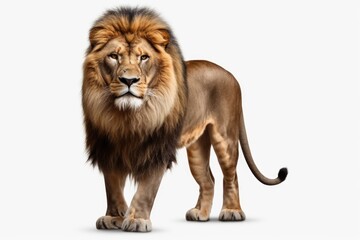 A powerful lion standing on a white surface. This image can be used to represent strength, dominance, and the beauty of wildlife