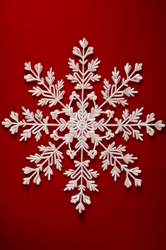 Snowflake made of white paper on red background.