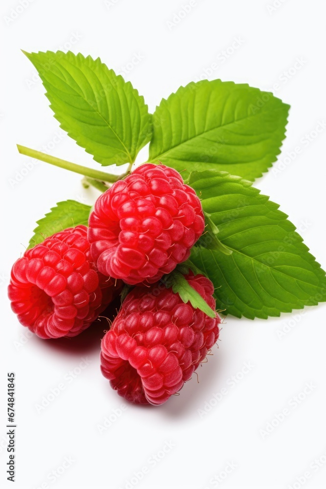 Poster three ripe raspberries with leaves on a clean white background. ideal for use in food and beverage a