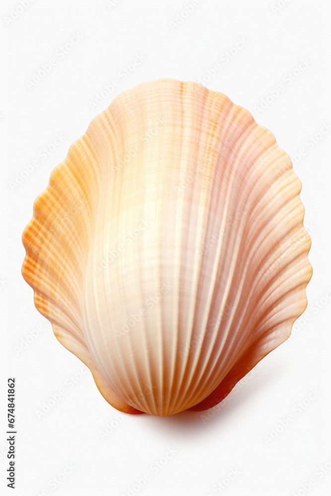 Poster A detailed close-up of a shell resting on a smooth white surface. Perfect for adding a touch of nature to any design project