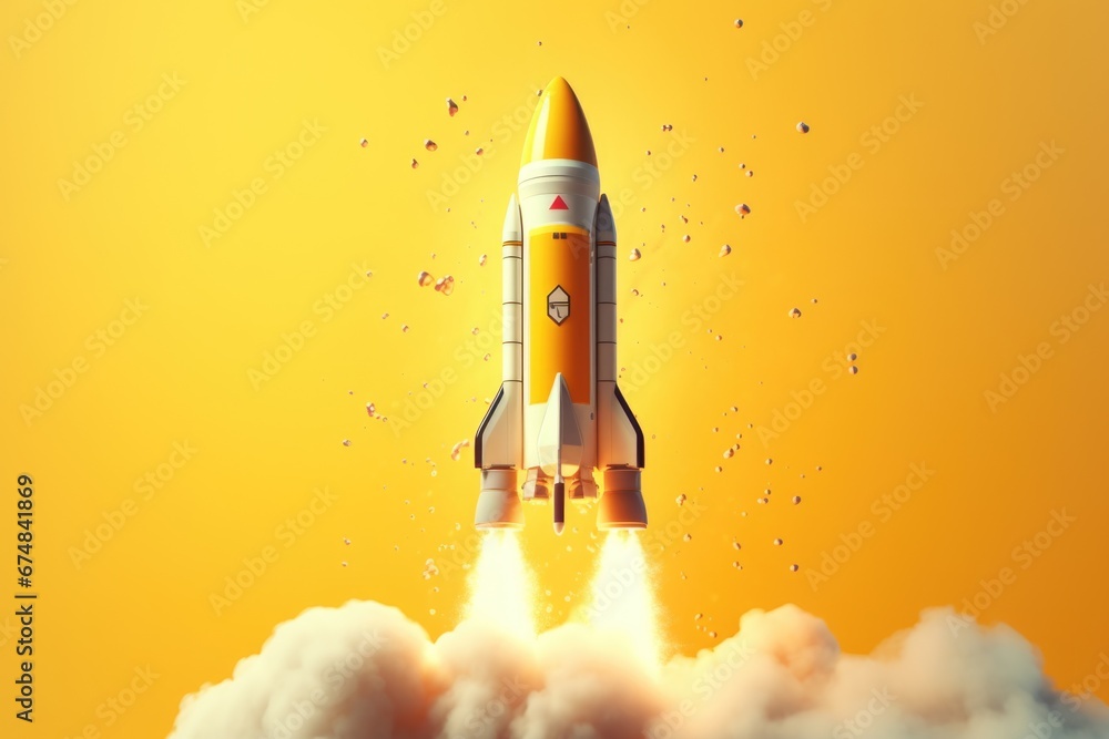 Poster a picture of a rocket flying through the air. can be used to depict space exploration, technological