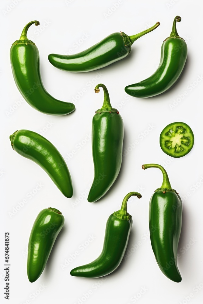 Poster a group of green peppers arranged neatly on a white surface. ideal for food and cooking-related proj