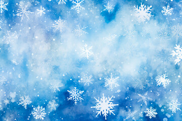 Blue background with snowflakes and snow flakes.