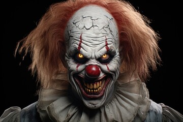 A picture of a creepy looking clown with red hair. This image can be used for Halloween decorations or in horror-themed designs