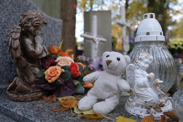 all saints day, angel, autumn, candle, catholic, Child's grave with glass candle, little white...