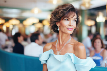 femme 50-60ans en tenue de soirée, élégante et raffinée  dans un restaurant gastronomique de grand standing - obrazy, fototapety, plakaty