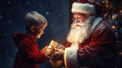 Obraz premium Magical Christmas background with Santa Claus and children. Winter fairytale style. Holiday celebration concept.