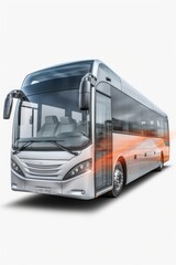 A picture of a silver and orange bus on a white background. This image can be used to represent transportation, travel, or public transit