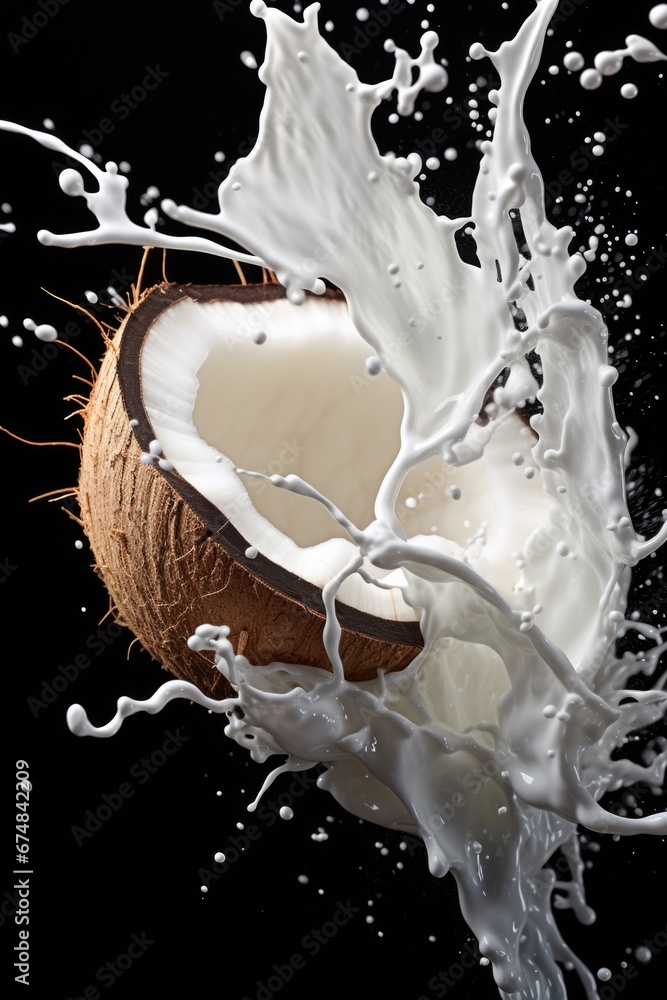 Poster A captivating image featuring a splash of milk delicately resting on top of a coconut. This versatile picture can be used to add a touch of freshness and tropical vibes to various projects