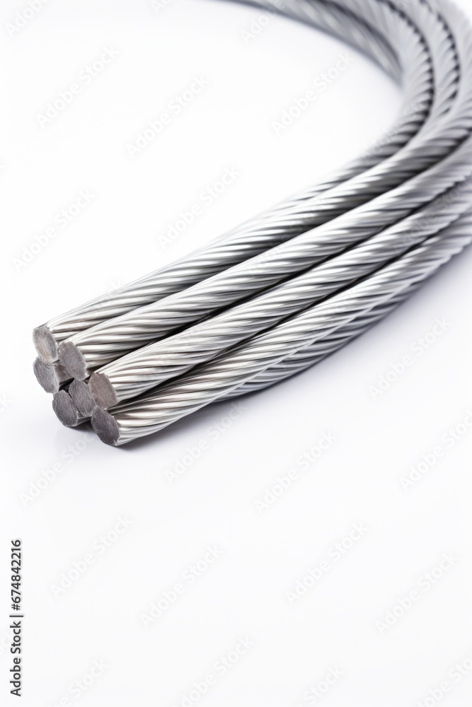 Poster a detailed view of a cable resting on a white surface. this image can be used to illustrate technolo