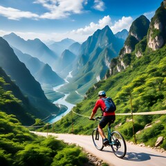 Fototapeta na wymiar Cyclist on the road to Guilin China