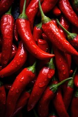 A pile of red hot peppers with water droplets on them. This image can be used to add a spicy touch to food-related articles, recipes, or advertisements