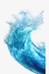 A powerful blue wave crashes against a clean white background. Perfect for illustrating the force and beauty of nature. Ideal for use in ocean-themed designs or to represent strength and power