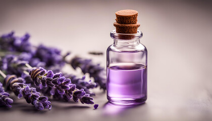 Obraz na płótnie Canvas Lavender essential oil in glass bottle with dropper isolated on white background