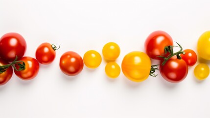 A bird's-eye-view of white-hued raw cherry, grape, and luxurious red and yellow tomatoes.
