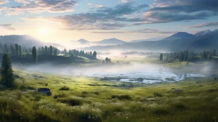 Tuinposter Noord-Europa misty meadow scenery north landscape illustration green view, scenic mist, trees environment misty meadow scenery north landscape