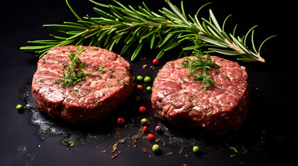 Two uncooked hamburgers topped with thyme and marjoram served on a pale background.