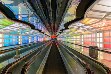 A colorful futuristic pedestrian motorized walkway with neon lighting effects and and people mover inside the O'Hare International Airport “Terminal for Tomorrow”  in Chicago, Illinois USA.