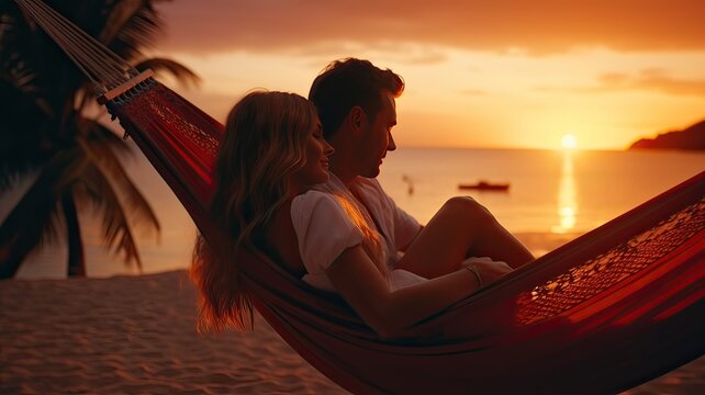 Happy Couple Enjoying a Beach Sunset in a Hammock