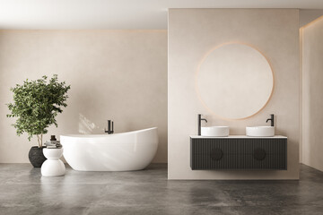 Beige bathroom interior with double sink and mirror, concrete floor, bathtub, plants. Bathing accessories in hotel studio.