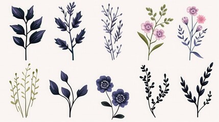 Floral branch and minimalist flowers for logo or tattoo. Hand drawn line wedding herb, elegant leaves for invitation or date card. Botanical rustic trendy greenery