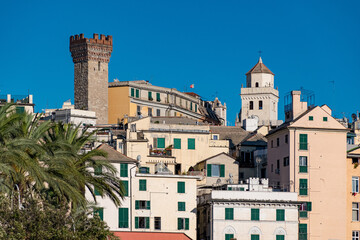 Close-up of Genoa old district Castello with the tower called Torre degli Embriaci