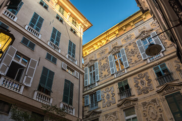 Typical view of a dark alley in the downtown of Genoa