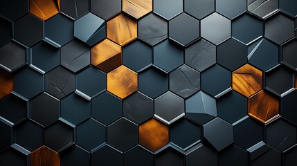 Dark grey hexagonal bricks with a golden touch: Wallpaper and background for presentations and slides - obrazy, fototapety, plakaty