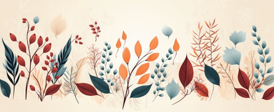 Horizontal banner pattern with autumn bright leaves and berries in retro color template. Flat doodle style.