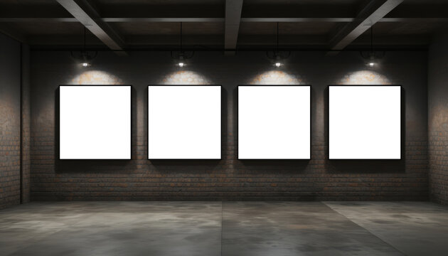 Mockups of empty white frames on a brick wall in an art gallery. Templates for displaying art works.