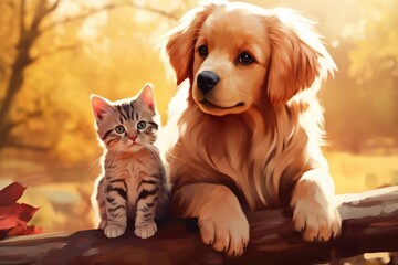 Golden retriever puppy and a cute tabby kitten cat as good friends