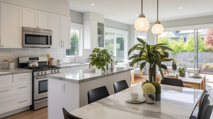 Modern minimalist kitchen, sleek white cabinets, marble countertops, stainless steel appliances
