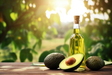 Glass bottle with avocado oil, avocado fruits on a wooden table on natural background of an avocado plantation. Healthy organic food, oil for cooking, cosmetics, body care