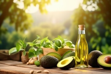 Glass bottle with avocado oil, avocado fruits on a wooden table on natural background of an avocado plantation. Healthy organic food, oil for cooking, cosmetics, body care - obrazy, fototapety, plakaty