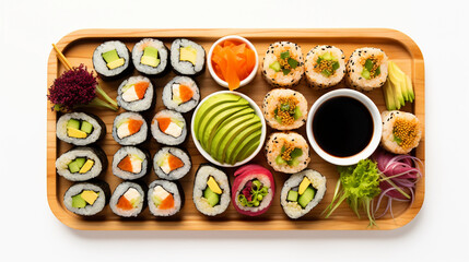Fototapeta na wymiar overhead shot of a vegan sushi platter, vibrant colors, bamboo mat, accompanied by wasabi and ginger, clean white background