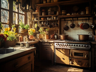 Fototapeta na wymiar Rustic farmhouse kitchen, wooden cabinets, vintage stove, hanging pots and pans