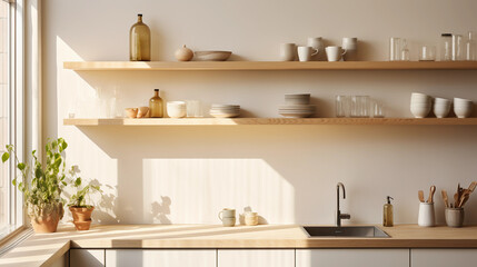 Fototapeta na wymiar Scandinavian design kitchen, light wood, white walls, minimal decor, simple open shelving