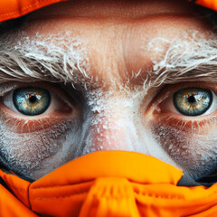 Two eyes close up macro iris of a glacial hiker with orange clothes