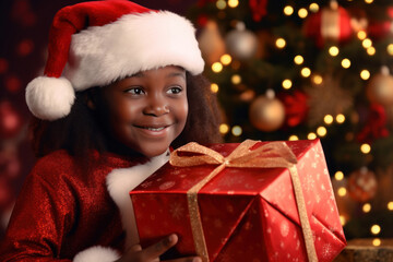 Fototapeta na wymiar Happy little black girl with Christmas gift box. Cheerful African american kid in Santa Claus hat with xmas present. Winter holidays concept