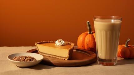 Pumpkin pie with a large cup of cocoa.