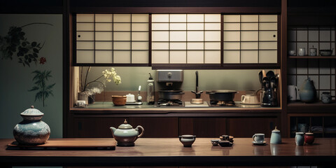 Traditional Japanese kitchen, tatami flooring, wooden countertop, sliding paper doors, tea set on the table
