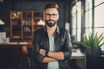 Obraz premium Confident and smiling handsome hipster man standing in the office