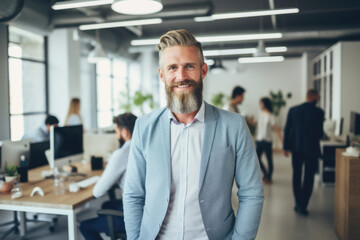 Naklejka na ściany i meble Confident and smiling handsome hipster man standing in the office